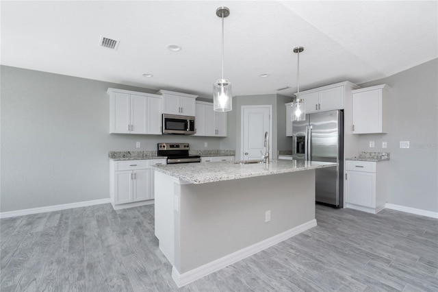 kitchen with white cabinetry, a center island with sink, and stainless steel appliances