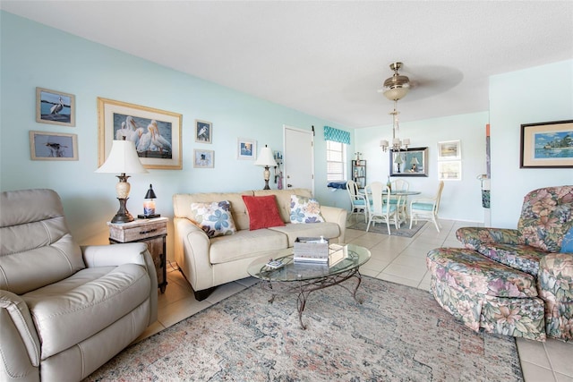 tiled living room featuring ceiling fan