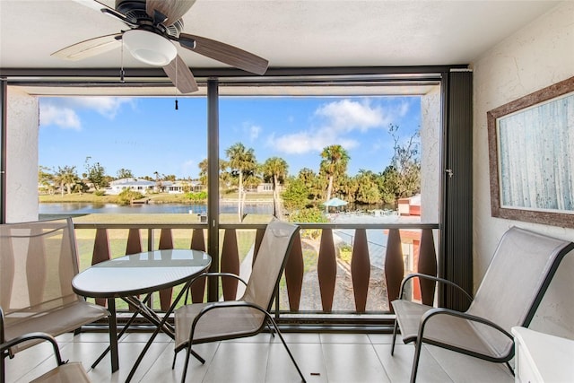 balcony featuring ceiling fan and a water view