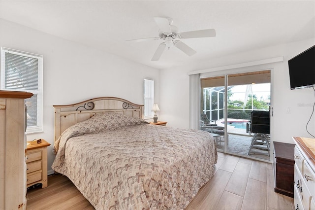 bedroom featuring access to outside, ceiling fan, and light hardwood / wood-style floors