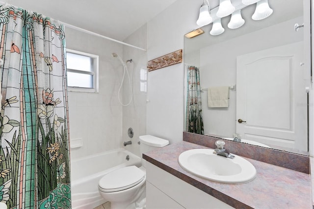 full bathroom featuring vanity, toilet, and shower / tub combo with curtain