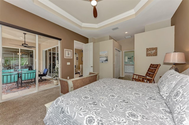 bedroom featuring a raised ceiling, ceiling fan, access to exterior, ornamental molding, and carpet floors