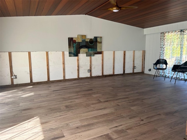 interior space featuring hardwood / wood-style floors, vaulted ceiling, ceiling fan, and wooden ceiling