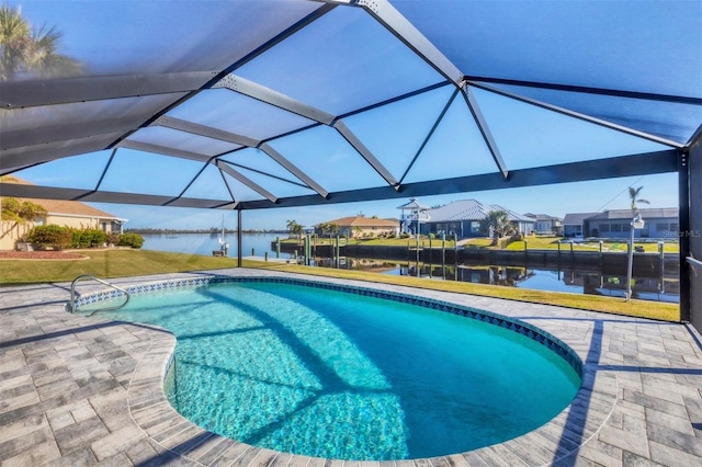 view of swimming pool with a boat dock, a patio, a water view, and a lanai