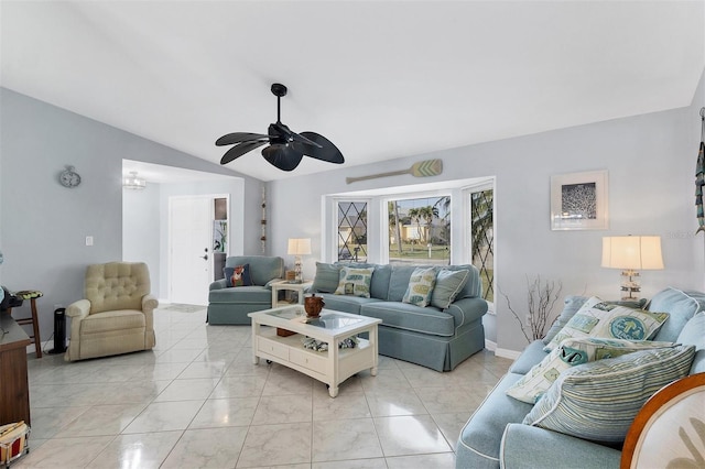 living room featuring light tile patterned floors, ceiling fan, and lofted ceiling