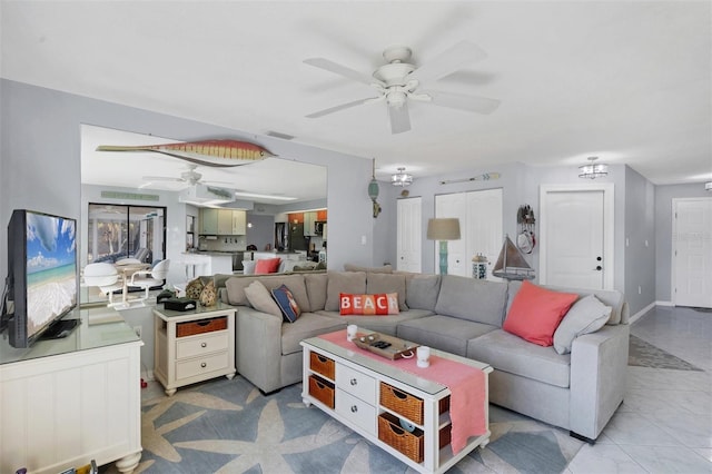 living room with ceiling fan