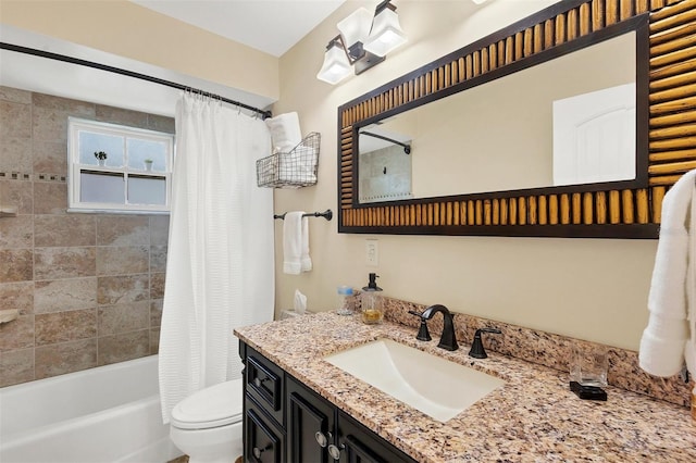 full bathroom featuring vanity, toilet, and shower / bathtub combination with curtain