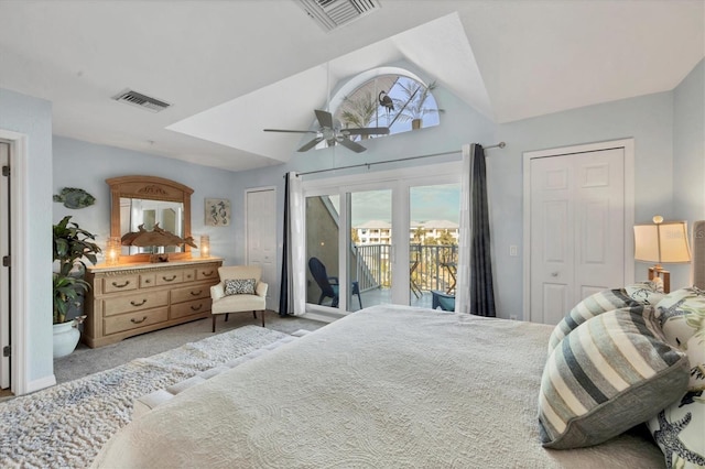 carpeted bedroom featuring ceiling fan, lofted ceiling, access to outside, and a closet