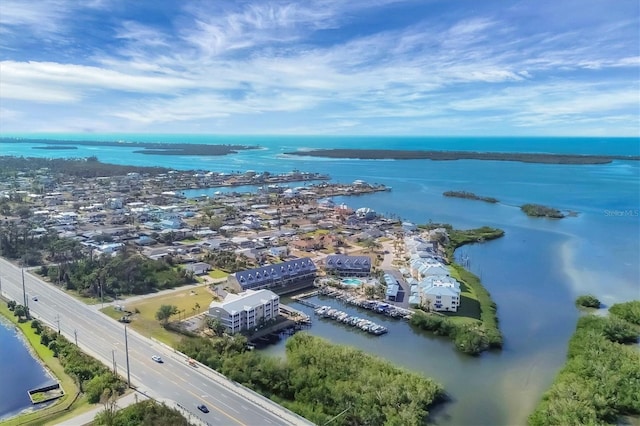 bird's eye view with a water view