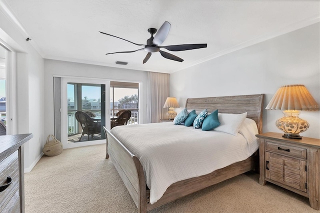 carpeted bedroom with crown molding, access to exterior, and ceiling fan