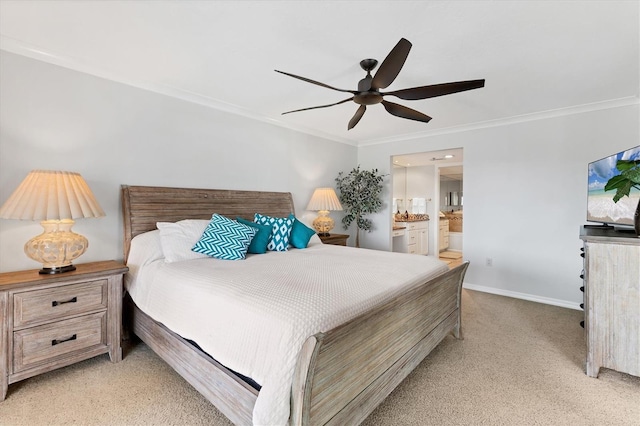 bedroom with ceiling fan, ensuite bathroom, ornamental molding, and light carpet