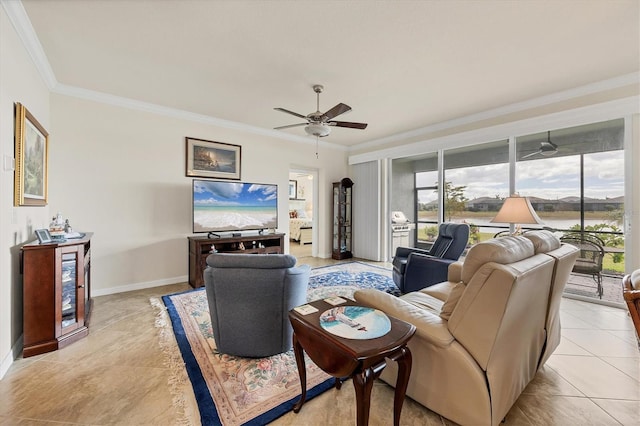 tiled living room with ceiling fan and ornamental molding