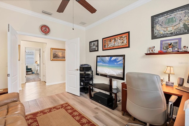 office featuring ceiling fan, ornamental molding, and light hardwood / wood-style flooring