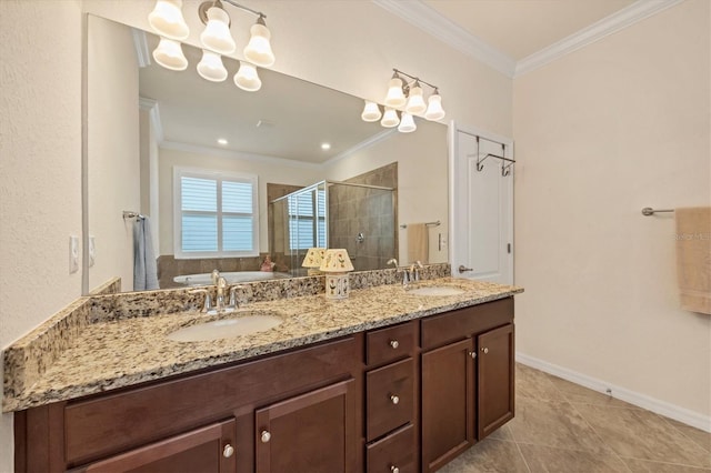 bathroom with tile patterned flooring, vanity, a shower with door, and crown molding