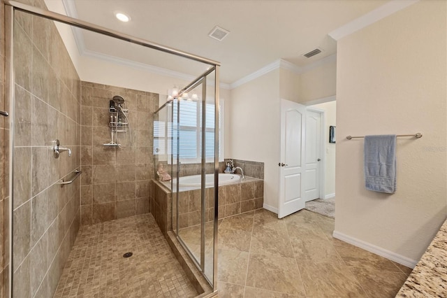 bathroom with ornamental molding, shower with separate bathtub, and a chandelier