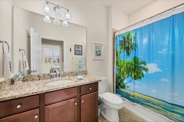 full bathroom with tile patterned floors, vanity, toilet, and shower / bathtub combination with curtain