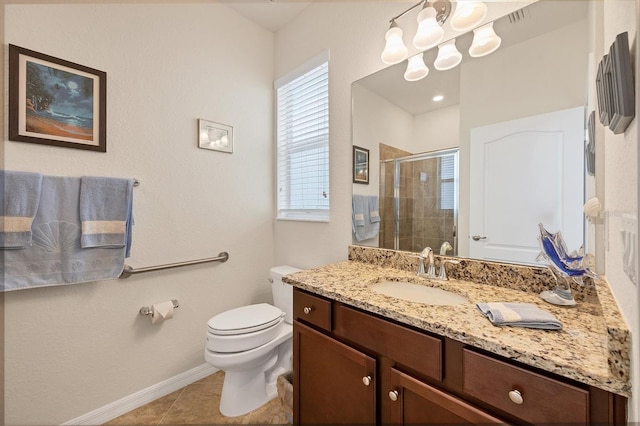 bathroom with an inviting chandelier, walk in shower, tile patterned floors, toilet, and vanity