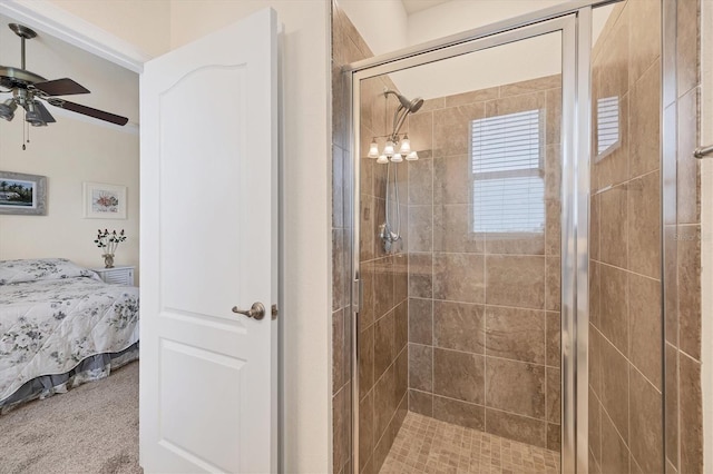 bathroom featuring a shower with shower door and ceiling fan with notable chandelier