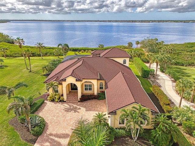 aerial view featuring a water view