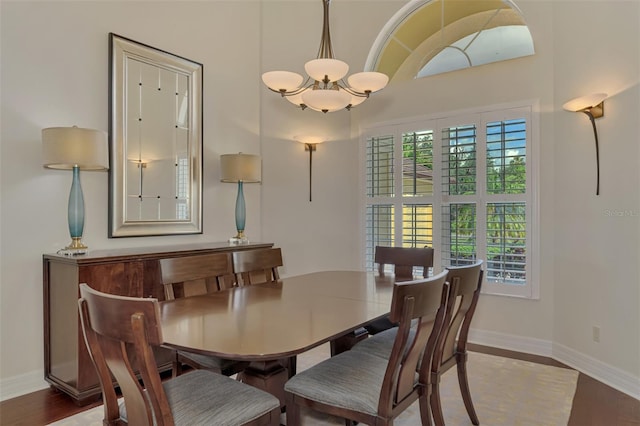 dining space with wood-type flooring and a chandelier