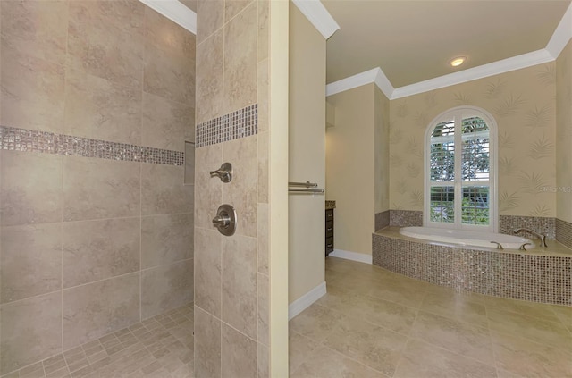 bathroom with crown molding and plus walk in shower