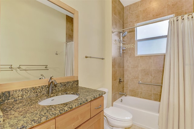 full bathroom with shower / bath combo, toilet, and vanity