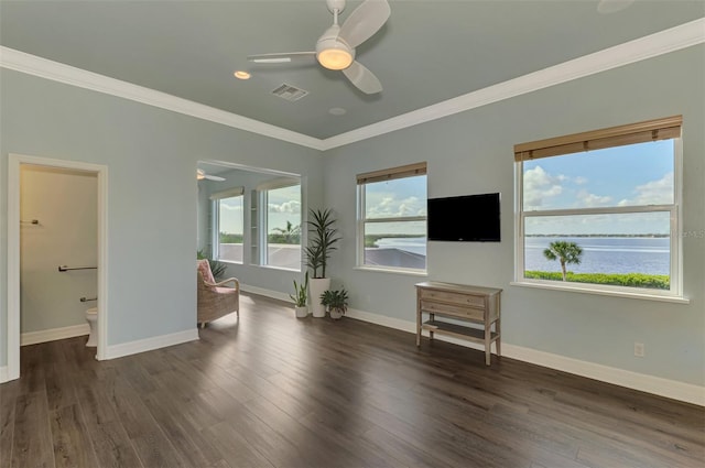 sitting room with ceiling fan, dark hardwood / wood-style floors, and ornamental molding