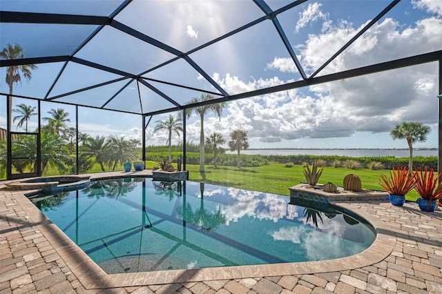 view of pool featuring a patio area, a lanai, an in ground hot tub, and a water view