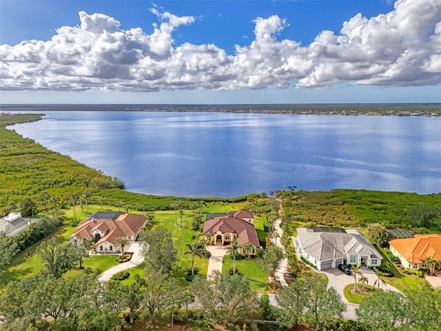 bird's eye view with a water view