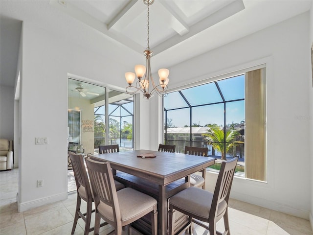 9567 Honeymoon Dr, Port Charlotte, FL 33981 - dining area with a sunroom, ceiling fan, coffered ceiling, beamed ceiling, and light tile patterned floors