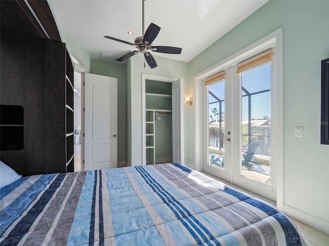 bedroom with access to exterior, ceiling fan, a closet, and french doors