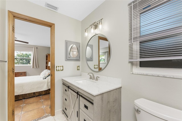 bathroom with tile patterned floors, vanity, toilet, and ceiling fan