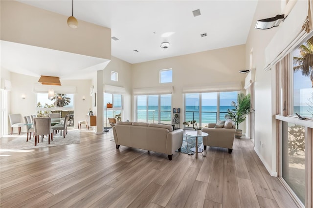 living room featuring a water view, a healthy amount of sunlight, and light hardwood / wood-style floors