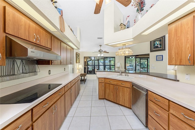 kitchen with kitchen peninsula, sink, stainless steel dishwasher, and black electric stovetop