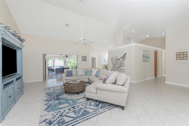 living room featuring ceiling fan, light tile patterned floors, and high vaulted ceiling