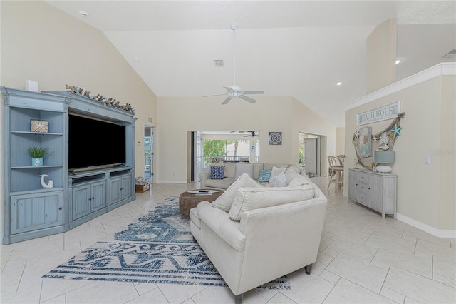 living room featuring ceiling fan, light tile patterned flooring, and high vaulted ceiling