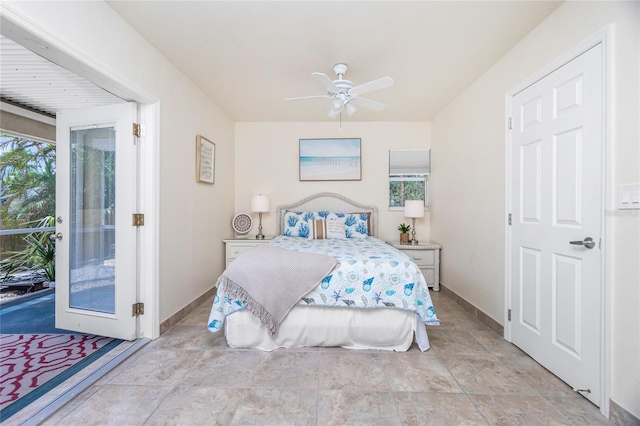 bedroom featuring ceiling fan and access to exterior