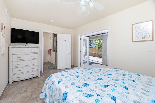 bedroom featuring access to exterior and ceiling fan