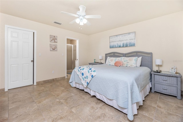 bedroom with ceiling fan and light tile patterned floors