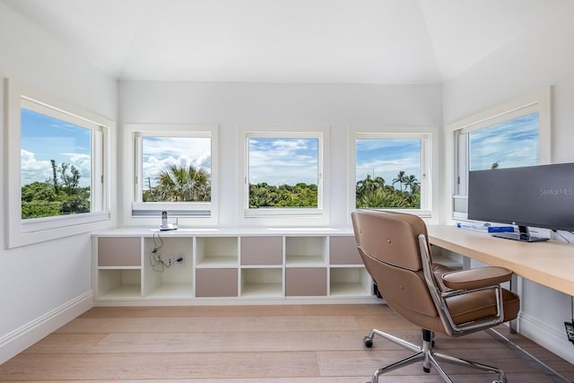 office space featuring plenty of natural light, light hardwood / wood-style floors, and lofted ceiling