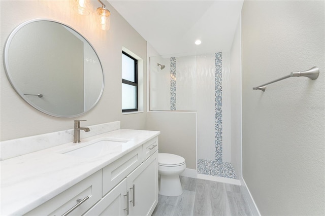 bathroom with vanity, hardwood / wood-style flooring, toilet, and walk in shower