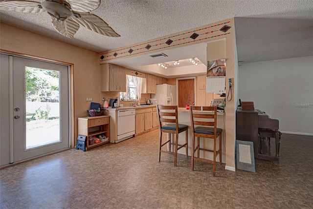 kitchen with a textured ceiling, white appliances, a wealth of natural light, and ceiling fan