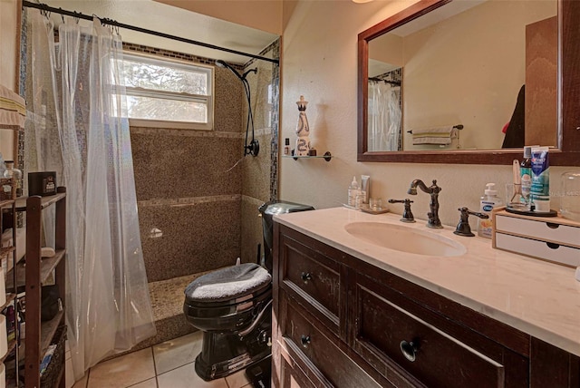 bathroom featuring toilet, vanity, tile patterned floors, and curtained shower