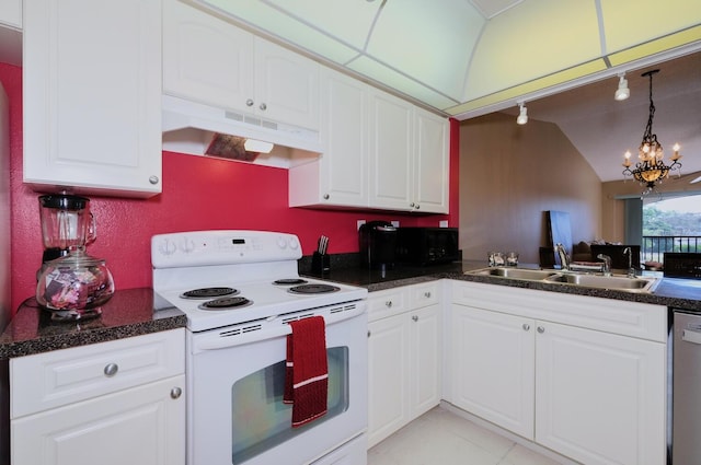 kitchen with white cabinets, decorative light fixtures, a notable chandelier, and white electric stove