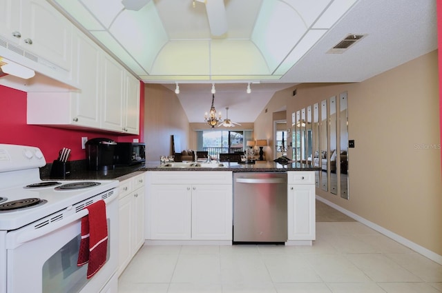 kitchen featuring white cabinets, stainless steel dishwasher, electric range, a notable chandelier, and kitchen peninsula