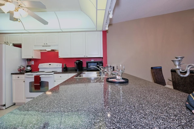 kitchen featuring ceiling fan, white cabinetry, white appliances, and sink