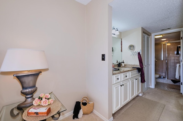 bathroom with vanity, an enclosed shower, a textured ceiling, and toilet