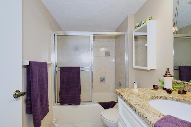 full bathroom with shower / bath combination with glass door, tile patterned floors, a textured ceiling, and toilet