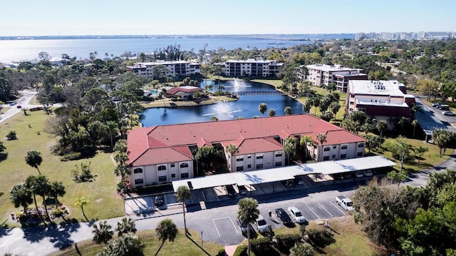 bird's eye view with a water view