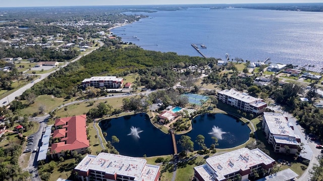 bird's eye view with a water view